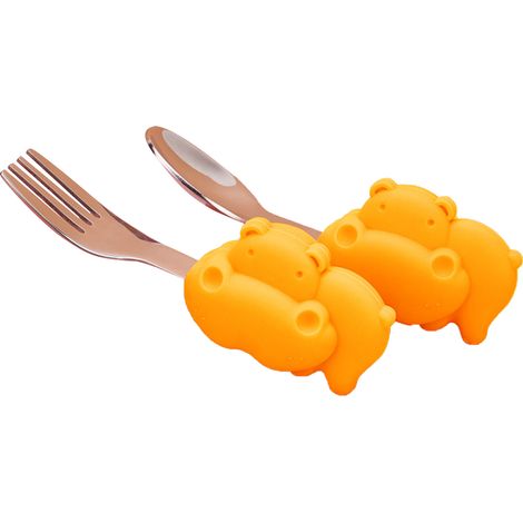 Cuillère d'apprentissage bébé en silicone et acier inoxydable, couverts pour enfants, Hippo Orange, lot de 2 (1/5)