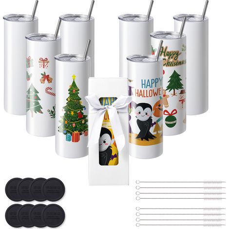 VEVOR Confezione 8 bicchieri per sublimazione, bicchiere vuoto 20 oz, bicchieri a doppia parete in acciaio inossidabile con cannuccia, coperchio, pennello, base, pellicola termoretraibile