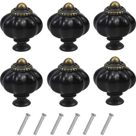 Set aus 6 Vintage-Tür-/Schubladenknöpfen in Kürbisform, schwarz, antike Möbelgriffe aus Acryl. (1/5)