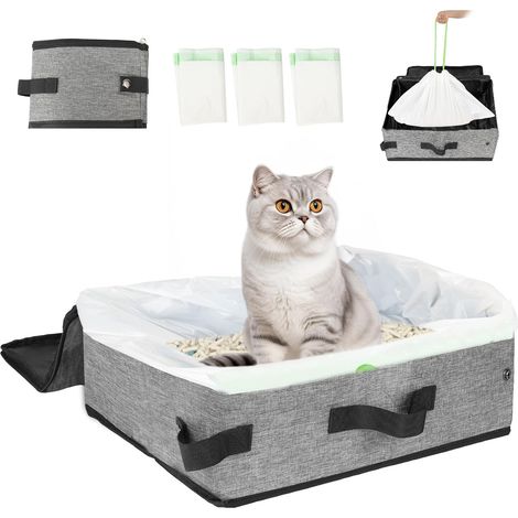 Bac à Litière de Voyage pour Chat avec 3 Rouleaux de Sacs, Litière Pliable et Portable pour Chats Jusqu’à 5 kg, Travel Cat Litter Box avec Couvercle pour Voyage, Extérieur et Camping, Gris
