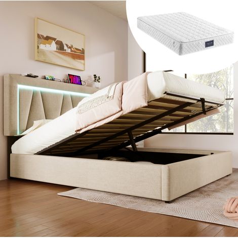 Cama de almacenamiento color beige de lino de 140x200 cm con LED, USB/USB-C, cabecero ajustable y colchón incluido. (1/5)