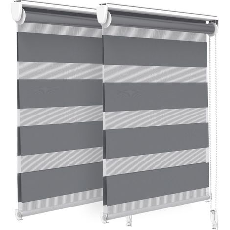 VOUNOT Set of 2 Zebra Roller Blind Double Fabric, Day and Night Translucent or Blackout Vision Curtains, Grey, 55 x 150 cm