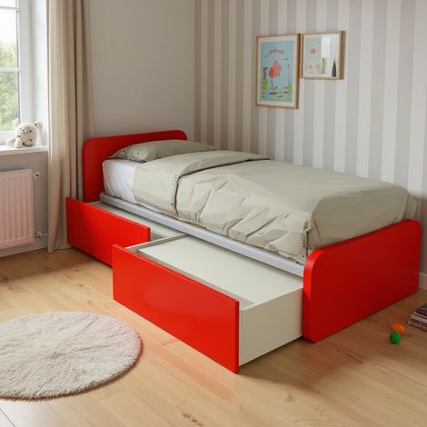 Letto singolo con cassetti 80x190 per cameretta - Design personalizzabile - Rosso