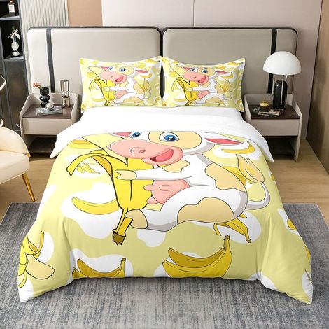 Vache 100% Coton Housse de Couette 140x200cm Enfants Lait Vache Banane garçon Fille Adolescent Dessin animé Ferme Animaux Literie Set Fruits Ensemble de lit Jaune Ensemble de Literie - 140 x 200 cm +  (1/5)