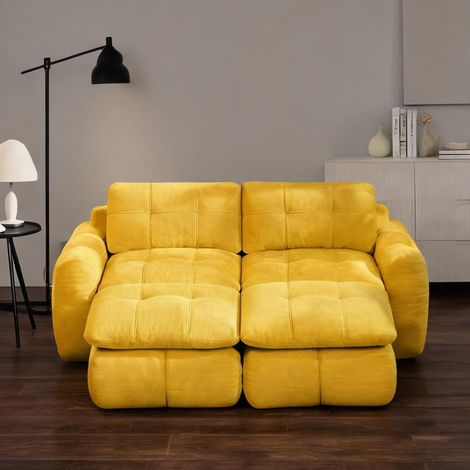 Canapé modulable jaune avec 2 poufs tissu chenille 194 x 160 x (1/5)