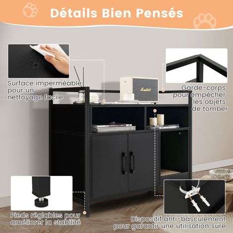 Meuble cache-litière pour chat en bois marron, avec compartiments et grattoir, portes doubles et aération pour salon et buanderie (1/5)