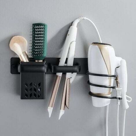 Schwarzer, wandmontierter Haartrocknerhalter mit Kabelorganisator und Ablagefach, für Badezimmer, Schlafzimmer, Hotel