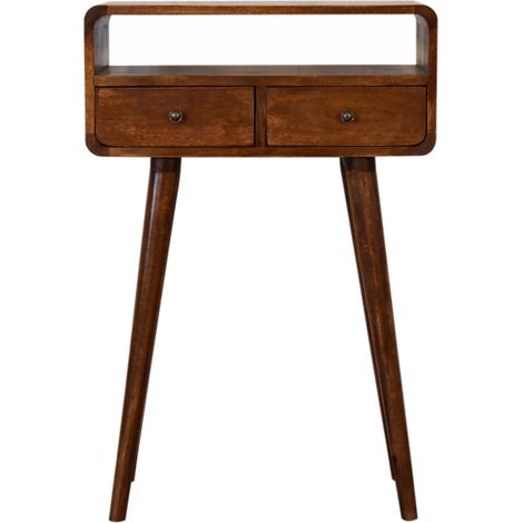 Console miniature en bois massif châtaignier, 2 tiroirs + niche ouverte, style vintage et rustique, salon ou entrée, marron foncé (1/4)