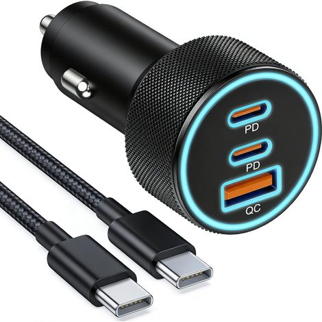 67-W-USB-C-Autoladegerät mit 60-W-USB-C-Kabel (ummantelt), Schnellladefunktion (PD und QC 3.0), Zigarettenanzünderadapter mit 2 USB-C- und 1 USB-A-Anschluss für iPhone 17, 16, 15 Pro Max und Galaxy S2