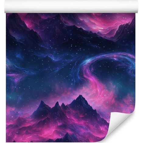 Papel pintado de galaxia en acuarela, azul marino, fondo violeta, 50x1000 cm. (1/5)