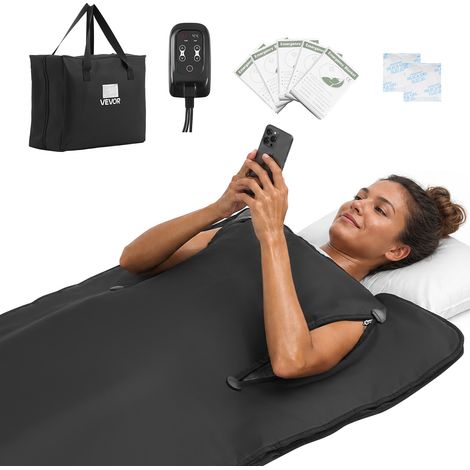 VEVOR Couverture Sauna Infrarouge avec Ouvertures pour les Bras 180x80 cm, Portable en Tissu Oxford, Chauffage Uniforme pour Detente a Domicile, Temperature Reglable, Minuterie, Sac de Transport, Noir (1/5)