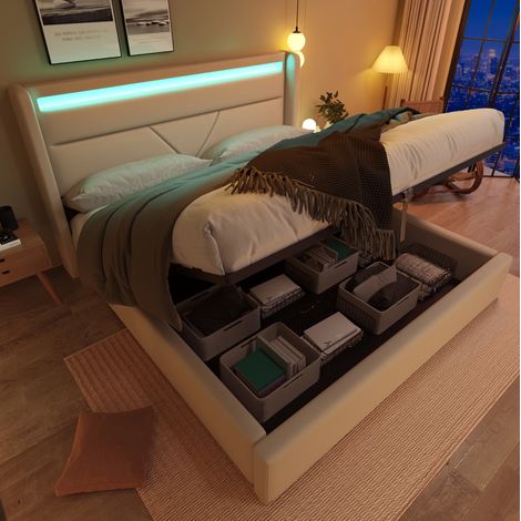 Cama canapé hidráulica 160x200 cm con banda LED, tapizada en PU blanco, REDOM (1/5)