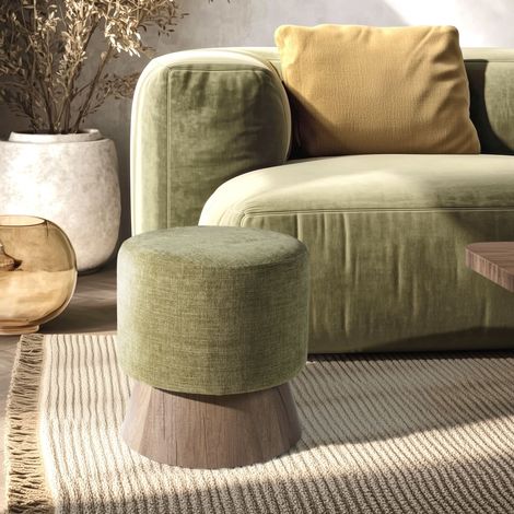 AGATHE - Pouf rond en tissu vert et pied bois D41cm (1/5)