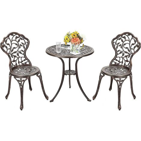 GOPLUS  3 Pezzi di Mobili in Alluminio, Set di Tavolino e 2 Sedie da Giardino Elegante e Vintage, Mobili da Esterno, Ideali per Bar, Terrazzo e Cortile, Bronzo