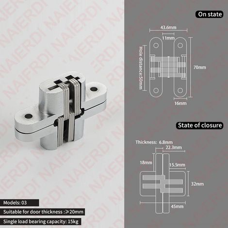 (03 16x70mm) Lot de 2 charnières invisibles pour portes, en acier inoxydable, robustes, à angle d'ouverture de 180°. (1/5)