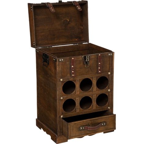 Atmosphera – Coffre bar range bouteilles en bois foncé – Rangement pour 6 bouteilles – Dimensions L. 38,5 x P. 28 x H. 58,5 cm – Tiroir et couvercle