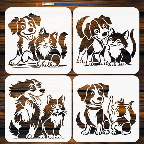 4Pcs Pochoirs Motif Chats et Chiens avec un Pinceau 20x20cm Pochoirs Peinture Animaux Compagnie Pochoir Chat Modèle Thèmes Animal pour Peinture sur Bois Carrelage Mur Scrapbook DIY (1/5)