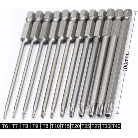 YMYNY Set of 11 long Torx bits for screwdrivers and electric screwdrivers - Magnetic bits - 1/4 inch hexagon shank - Sizes T6 to T40 - Length 100 mm (1/4)