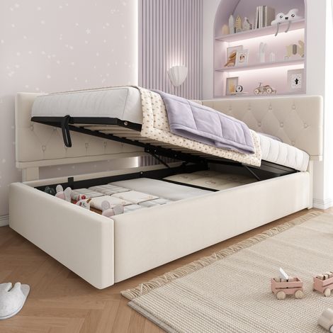Letto daybed moderno 90x200 cm in velluto beige, con testiera reversibile, contenitore idraulico e rete a doghe (1/5)