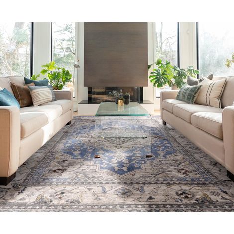 Sovereign Medallion Traditional Rug for Bedroom Living Room Flatweave Silky Shiny Rug Blue Medium 120x166 cm (4'x5'5") (1/4)