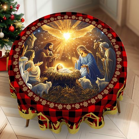 1 pc, Nappe Joyeux Noël, Scène de la Naissance de Jésus, Nappe à Carreaux, Nappe Ronde, Nappe Rectangulaire pour Table, Décoration de Cheminée, Access (1/5)