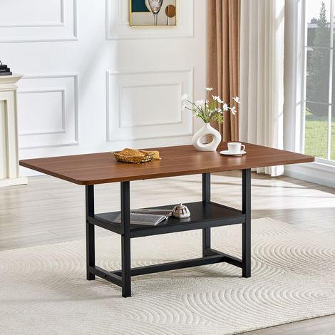 Tavolo da pranzo rettangolare in MDF e metallo nero noce 160x90x76 cm per 4-6 persone con ripiano portaoggetti