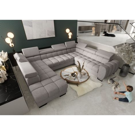 Wohnlandschaft Schlafsofa BASTIEN XL in Stoff Moly Hellgrau Ottomane Links