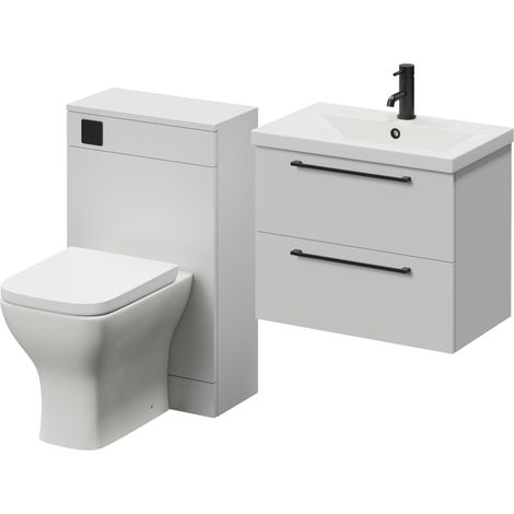 Napoli 390 Gloss Grey Pearl 1100mm Wall Mounted 2 Drawer Vanity Unit and Toilet Suite with Glide Basin - 1100mm - Matt Black 320mm HandleWith Kingston Toilet Pan and Seat