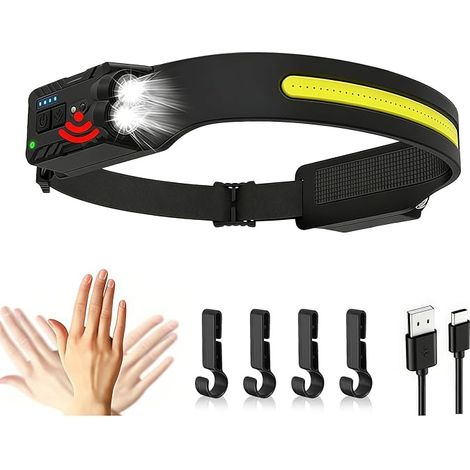 Linterna frontal LED ultra potente, súper brillante, 5 modos, 230°, recargable por USB, con sensor de movimiento, resistente al agua IPX4 para aventura, pesca, camping y ciclismo. (1/5)