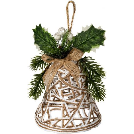 White Rattan Bell Decoration with Branches And Ribbon - Plastic - L11 x W11 x H15 cm - White