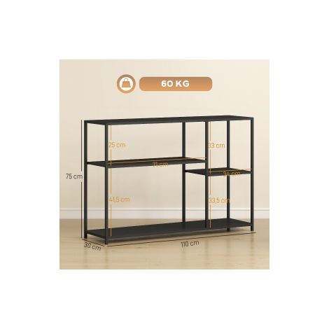 Console noire 110 x 30 x 75 cm en métal avec 4 étagères et cadre en acier pour entrée, couloir et salon (1/5)