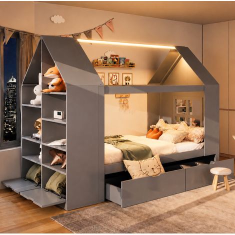 Cama infantil 90 x 200 cm con 2 cajones, LED y almacenaje, gris HAVRYA (1/5)