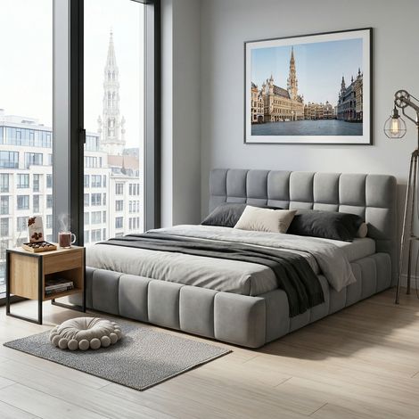 JOOKGBD-Bubble Bett Polsterbett 160x200 cm,Doppelbett mit Lattenrost, Jugendbett mit Gepolstertes Kopfteil, Gepolstertes Bett für Schlafzimmer und Gästezimmer,ohne Matratze, Leinenstoff,Grau