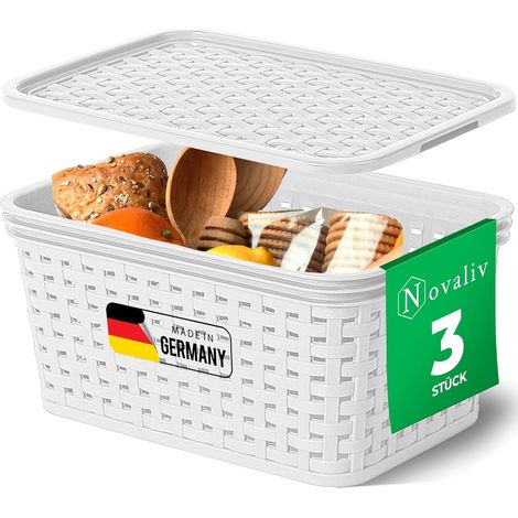 Novaliv Lot de 3 boîtes de rangement avec couvercles Cuisine 2L Plastique Blanc Aspect rotin Rangement et organisation de cuisine Organisateur de