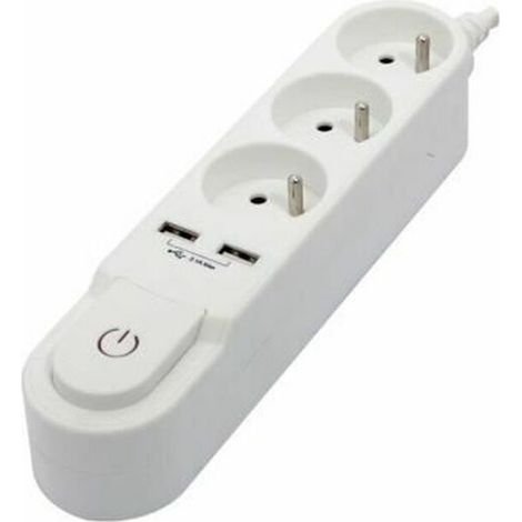 CHACON Power strip with switch. 3 x 16 A sockets and 2 x 2 A USB outputs. 1.5 m white cable