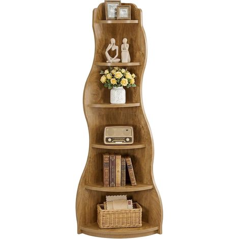 Tribesigns Étagère d'angle 175 cm - 6 niveaux - Design ondulé - En bois - Moderne - Avec rangement pour salon, chambre à coucher, bureau - Économie d'espace - Marron rustique, 1 (1/5)