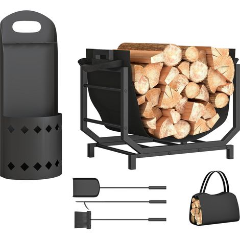 Range-bûches avec outils - Outsunny - avec balai pelle tisonnier seau sac, charge 50 kg - métal - 53x33x43cm- noir (1/5)