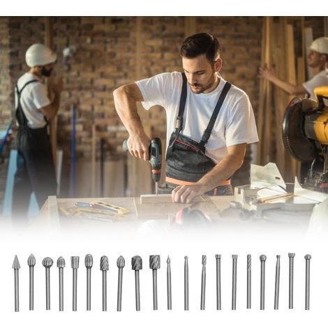 Set mit 20 rotierenden HSS-Feilen für Holzbearbeitung, Schnitzen und Schleifen. Zubehör inklusive. (1/5)