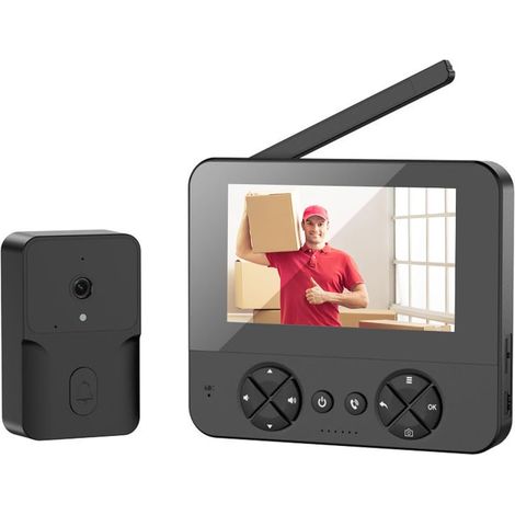 Campanello wireless con telecamera e schermo 1080P, videocitofono bidirezionale, videocitofono wireless, visione notturna, videocitofono senza WiFi o app senza abbonamento, nero