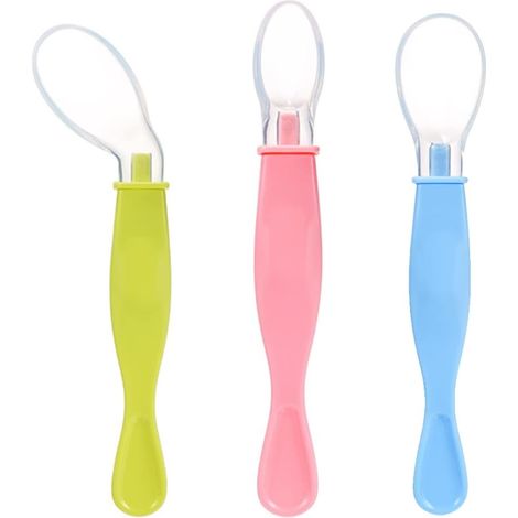 Ensemble de 3 cuillères souples en silicone de couleurs différentes pour l'apprentissage de la cuisine chez bébé. Cuillères à mâcher et à écraser les aliments. (1/5)