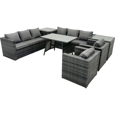Fimous Rattan Dining Table Sofa Set with Armchair 2 Side Tables Outdoor 8 Seat Garden Furniture Set Dark Grey Mixed (1/5)