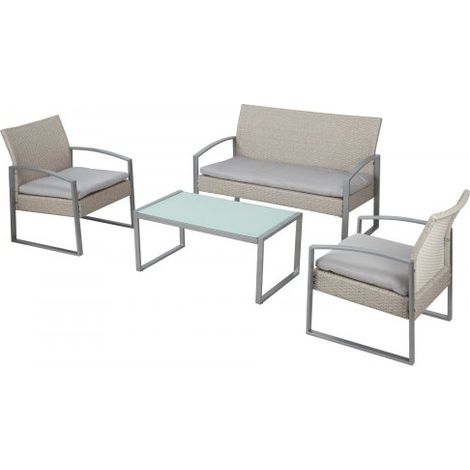 Salotto da esterno divano, due poltrone e tavolino metallo grigio e rattan sintetico bianco avorio Fredi Shewa