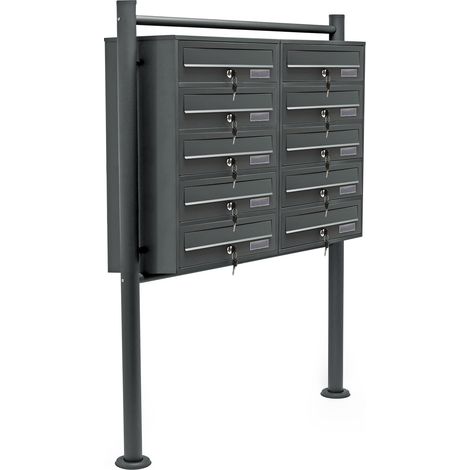 Wiltec Sistema de 10 buzones color antracita acero galvanizado resistente a la intemperie con cerraduras de cilindro y llaves instalación independiente espacio amplio para cartas y paquetes pequeños (1/5)