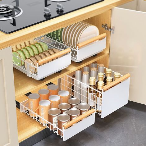 Estantería de cocina con cesta deslizante, escurridor de platos y especiero, 26 x 41 x 13