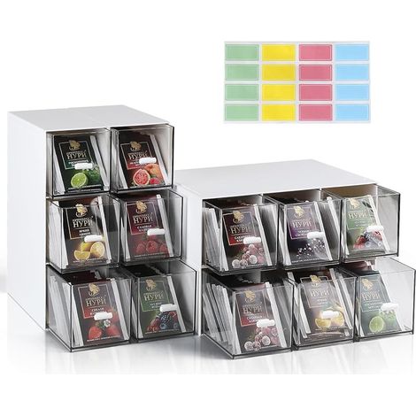 4 Pièces Boîte à Thé Tiroirs 22,6x16,5x7,7cm, Rangement pour Sachets de Thé en Plastique Empilable pour Vos Condiments, Épices, Café en Dosettes (1/5)