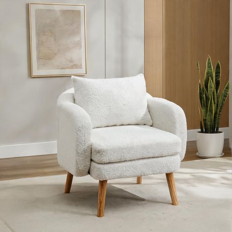 Fauteuil de salon blanc en tissu teddy velours avec coussins (1/5)