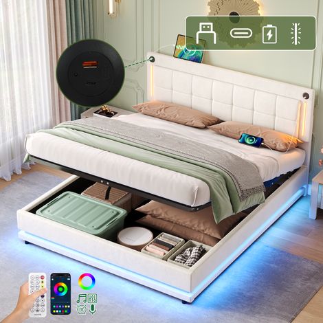 4ft6 Double LED Hydraulic Bed with Charging Station, Adjustable Square Tufted Headboard with Intelligent Control Light, Soft Velvet Bed Frame with USB and Type - C Ports, Beige (No Mattress)