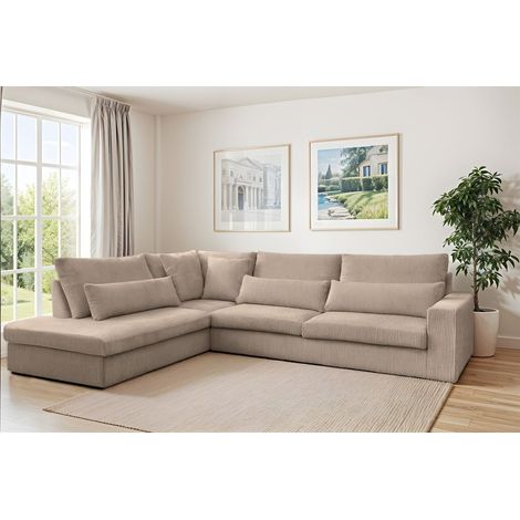 Ecksofa Designersofa THORA in Stoff Poso Beige Ottomane Links (1/2)