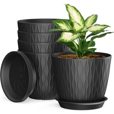 5 Packs Blumentopf mit Bewässerungssystem, 20.3cm Pflanzentopf mit Bewässerungssystem, Übertopf mit Untersetzer, Blumentöpfe Set Ideal für Innen und Balkongärten, Schwarz
