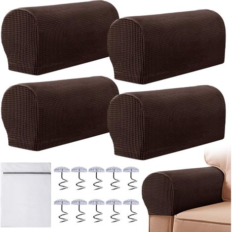 Lot de 4 housses de fauteuil extensibles pour accoudoirs, antidérapantes, avec sac à linge, lavables en machine, pour canapé et fauteuil inclinable (café foncé) (1/5)